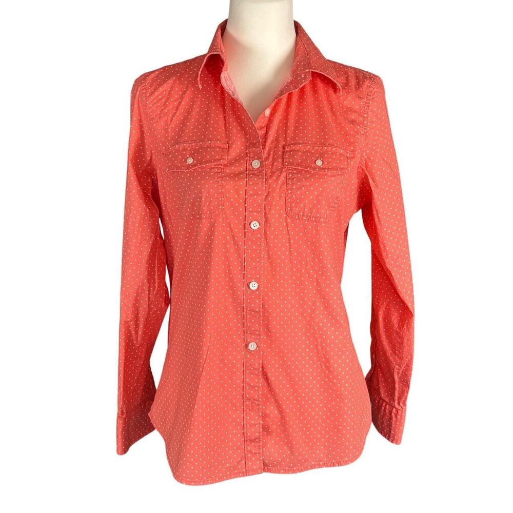 LLBean Coral Polka Dot Button Down Womens M Regular Long Sleeve Cotton Blend